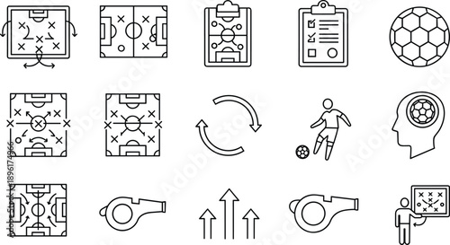 Soccer strategy icons set featuring tactics boards formations coaching clipboard referee whistle player movement and football analysis symbols for training education