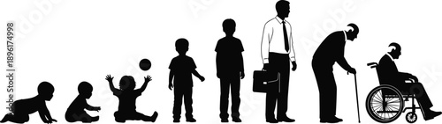 Vector silhouette showing the stages of human aging from baby crawling, childhood, and adulthood, to elderly man in a wheelchair, isolated.