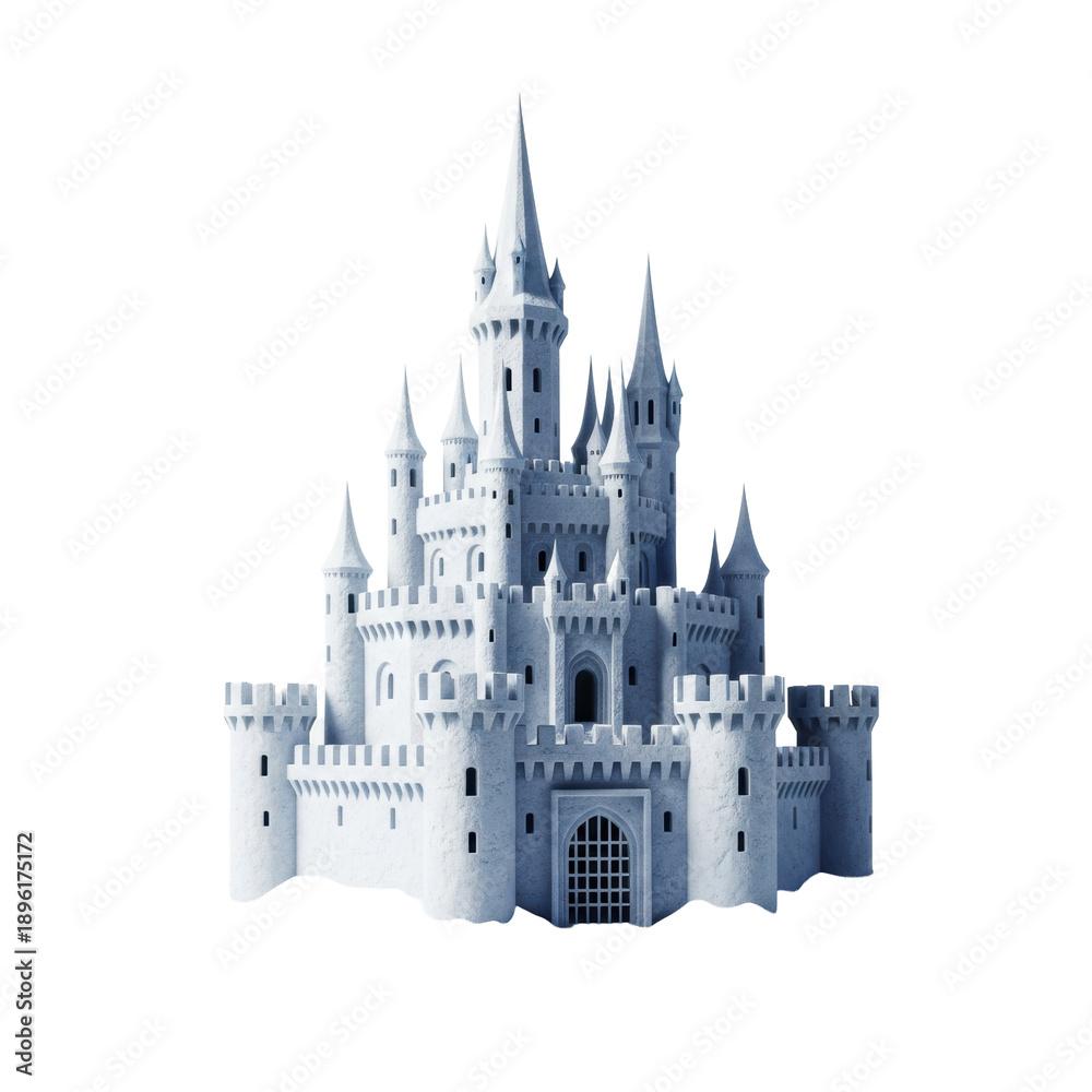Obraz premium Highly detailed photorealistic ice sculpture of a medieval fantasy fortress with sharp towers and a barbican, isolated on a sterile high-key white studio backdrop. Concept of surreal winter paradox