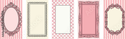 Cute pink vintage frame vector set collection of vertical striped and checkered backgrounds with ornate borders for social media story design