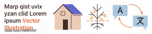 Language learning, housing development, eco-friendly living, communication tools, translation, education. House graphic, tree illustration with birds translation symbols. Language learning