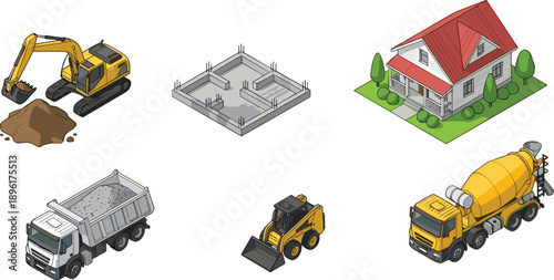 Isometric construction process set excavator foundation house concrete mixer dump truck skid steer vector illustration building development