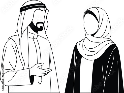 Arab man and woman illustration, traditional Islamic clothing, cultural communication concept, black and white vector design, Middle Eastern people, isolated