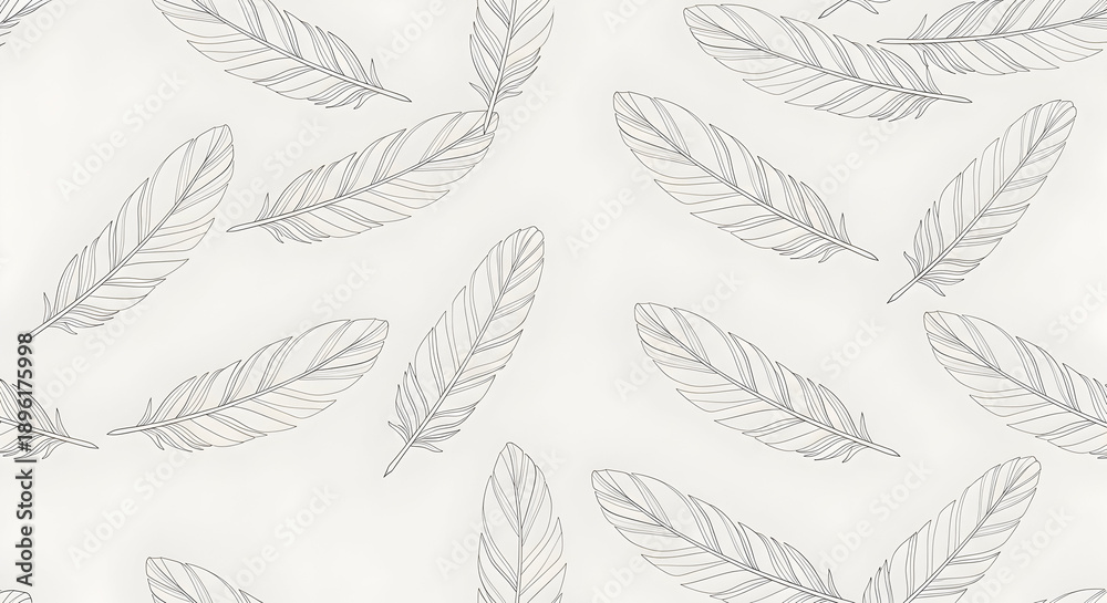 Fototapeta premium Faint gray feathers scattered on white seamless pattern