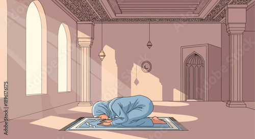 Muslim Woman Praying Inside Mosque, Islamic Worship and Spirituality