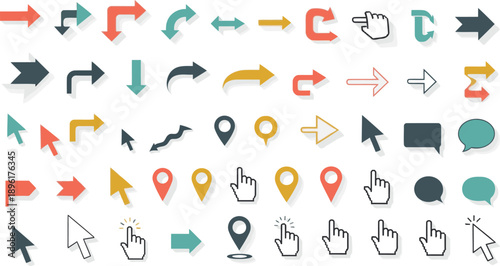 Collection of modern colorful arrows and hand cursor icons for digital design