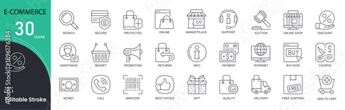 E-commerce related line icons set. Pack outline pictograms of shopping, online, marketplace, support, price tag, auction, discount and other. Editable stroke . 
