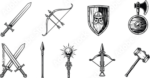 Set of medieval weapons and warrior equipment line art icons, swords, bow, shield, spear, axe, hammer, and crossbow for fantasy and historical design