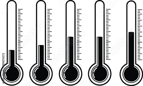Set of thermometer temperature level icons in black vector silhouette style, weather measurement symbols showing low to high temperature scale for UI and infographic design