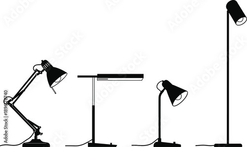 Lamp silhouette collection, desk, table, and floor lights, modern interior lighting vector illustration, home office decor, black and white set