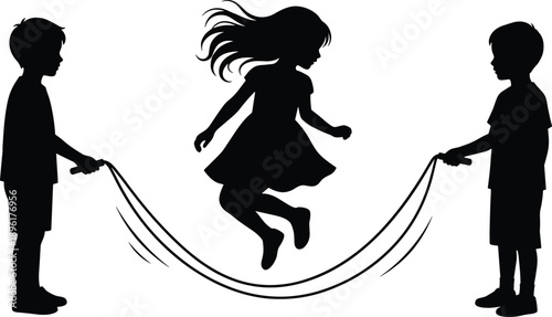 Silhouettes of children playing jump rope in dynamic poses, ideal for outdoor activity, childhood fun, teamwork, and lifestyle-themed design illustrations