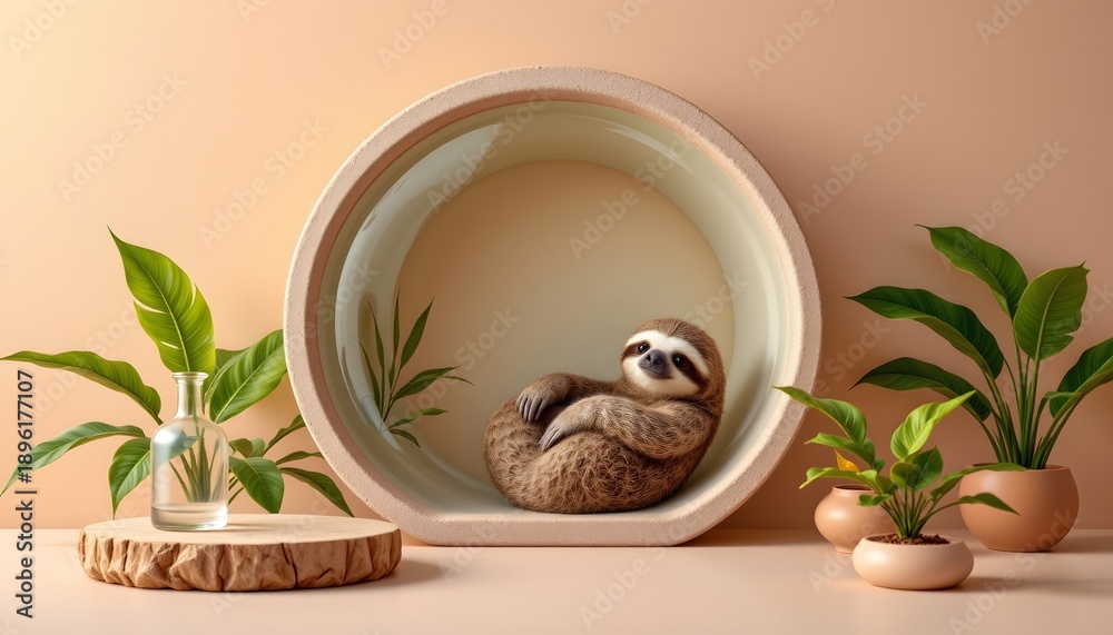 Obraz premium a sloth designed with rounded glass shapes, soft warm light, minimal tropical background
