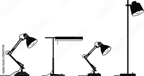 Desk lamp silhouette collection, modern lighting fixtures, adjustable table and floor lights, interior design vector illustration, black and white set