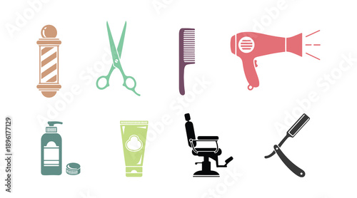 Multicolor Icons for Barbershops and Hairdressers. A Set of Icons for Hair Care and Hairdressing Tools. Includes Barber Comb, Scissors, Dryer, Shampoo, and Shaving Cream. Vector Illustration Isolated.