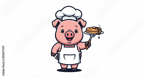 Cute Pig Chef Character Wearing White Uniform and Hat Holding a Fresh Baked Pie