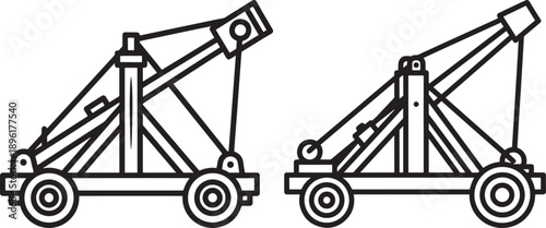 Two simple black vector illustrations of trebuchets, representing historical siege engines and warfare