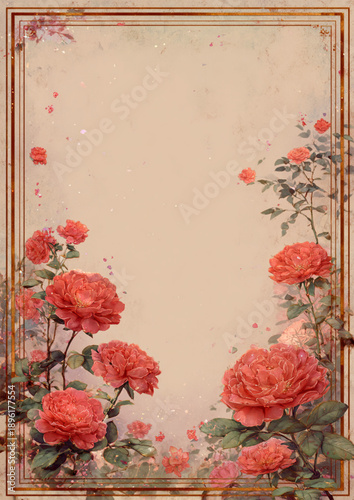 vintage frame with roses, soft pastel red colors, and a detailed background, decorated for Chinese New Year.