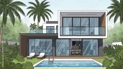 Modern Luxury Villa with Poolside Oasis and Glass Facade.