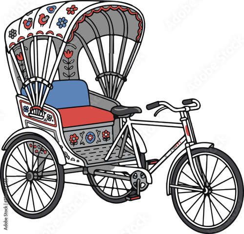 Hand-Drawn Illustration of a Traditional Bangladeshi Cycle Rickshaw with Floral Art