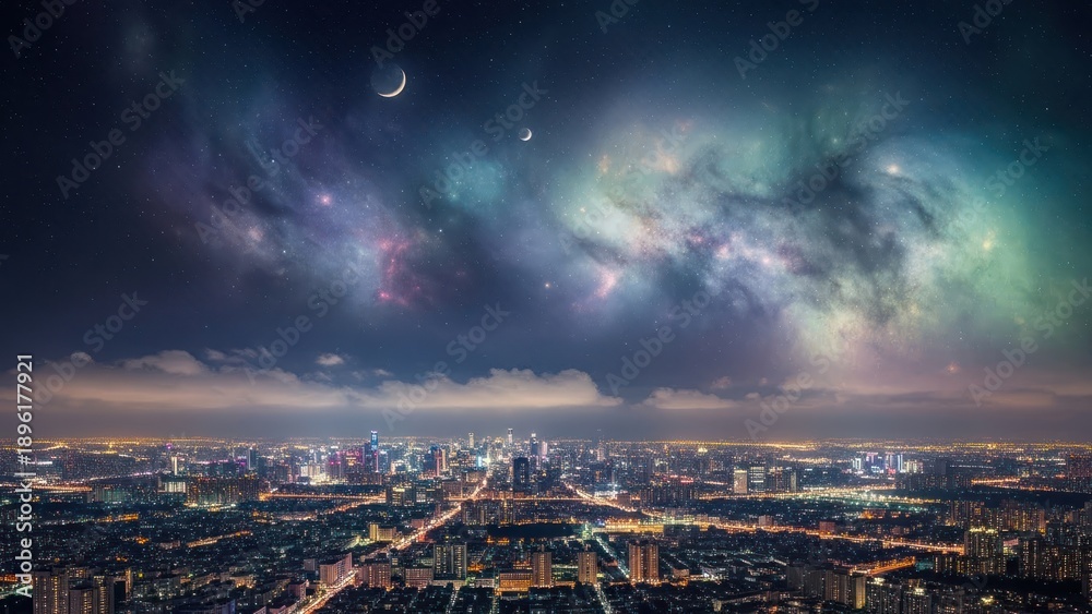 Fototapeta premium Night city skyline under a dramatic starry sky