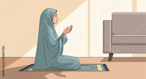 Muslim Woman Praying on Prayer Mat in Home Interior, Peaceful Devotion