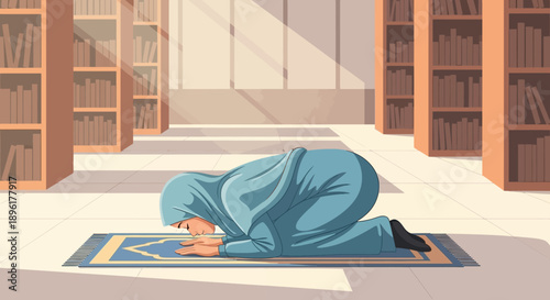 Muslim Woman Praying on Prayer Mat in Library with Bookshelves