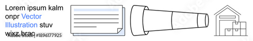 Logistics focus, supply tracking, e-commerce, inventory, document processing, transport systems. Documents, a telescope and a warehouse. Logistics and supply tracking concepts