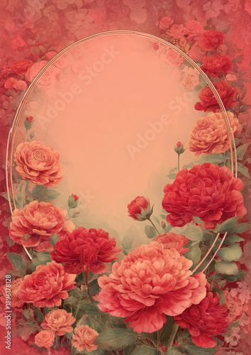 vintage frame with roses, soft pastel red colors, and a detailed background, decorated for Chinese New Year.