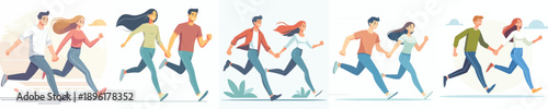 Vector of a couple running while holding hands. Valentine's Day theme. Vector, minimalist, illustration, icon set.
