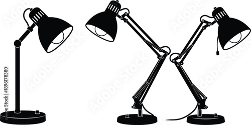 Desk lamp silhouette collection, adjustable table lights, modern office lighting vector illustration, home decor concept, black and white design