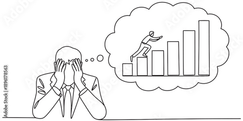 Stressed businessman thinking about career progression and growth on a bar chart Vector, illustration