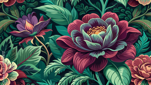 Very beautiful moody retro floral wallpaper featuring oversized flowers in deep plum and forest green tones, with softly faded edges creating an authentic aged interior design aesthetic.