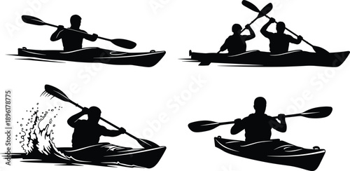 Kayaking silhouette illustration, people paddling canoe, water sport vector set, outdoor adventure activity, black and white design, isolated on white
