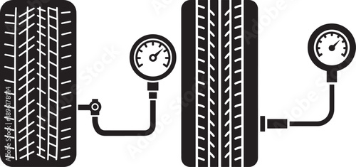 Black and white illustration of car tires and tire pressure gauges, signifying vehicle maintenance and inspection