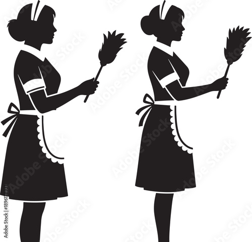 Silhouettes of two maids in uniform holding feather dusters, representing housekeeping and cleaning services