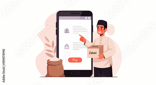 Flat vector illustration of a Muslim paying zakat al-fitr during Ramadan online using a mobile app. This makes it easier to fulfill Ramadan obligations.
