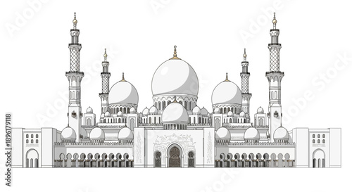 Large Mosque With Minarets And Domes.