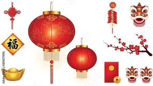 Festive Chinese New Year elements red lanterns, firecrackers, lucky knots, gold ingots, prosperity symbols for celebration