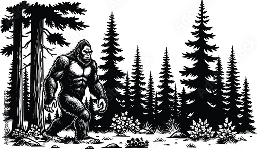 Bigfoot silhouette illustration, mythical forest creature walking among pine trees, Sasquatch legend wildlife scene, black and white vector art design