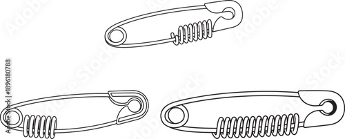 Line art illustrations of three safety pins in different sizes, sewing and fastening tools