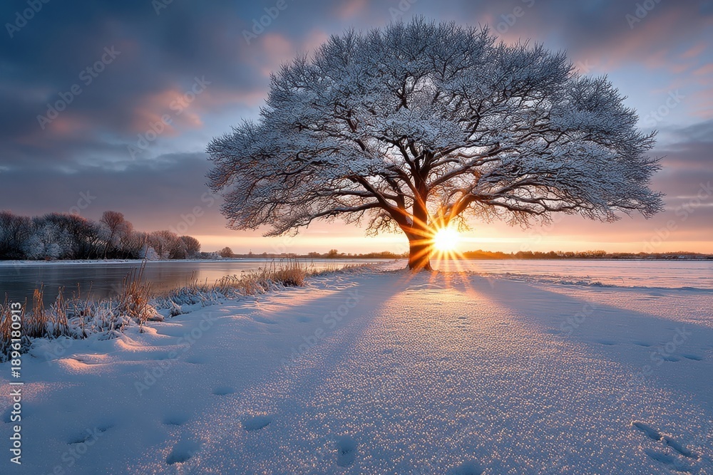 Obraz premium Snowy Winter Landscape with Sunrise Behind a Majestic Tree