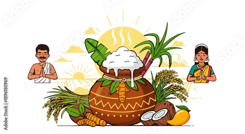 Pongal festival illustration, harvest pot