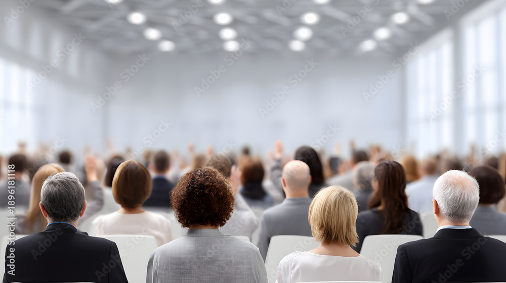 Fototapeta premium Crowd of people at conference in large hall during daytime with natural light filling the space