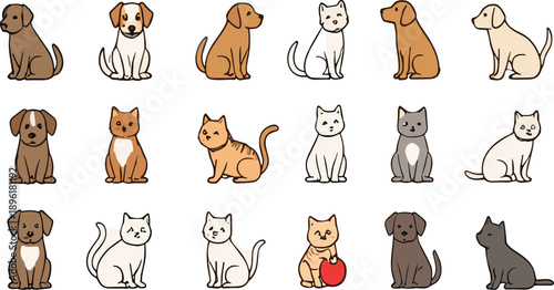 Cute cats and dogs vector set with different breeds, sitting poses and colorful cartoon pet characters