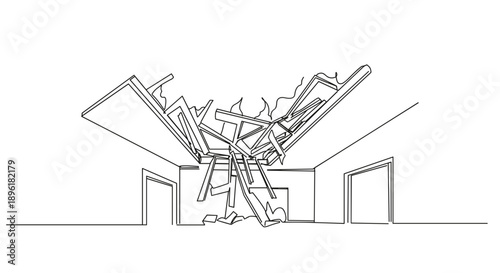 Line drawing of a collapsing roof structure and debris falling into an interior space on a transparent background