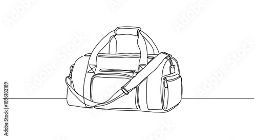 Line drawing of a stylish travel bag with shoulder strap on a transparent background, showcasing pockets and design features for convenience.