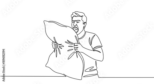 Line drawing of a man holding a pillow while sitting on a couch in a cozy living room with a warm atmosphere on a transparent background