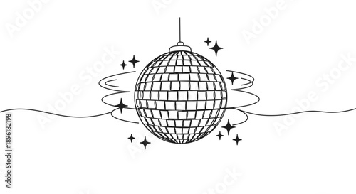 Line drawing of a disco ball with sparkles isolated on a transparent background
