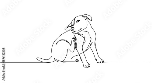 Line drawing of a dog sitting and resting on a transparent background with simple lines and minimal details for illustration purposes