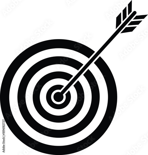 Black and white target with arrow hitting bullseye isolated on transparent background